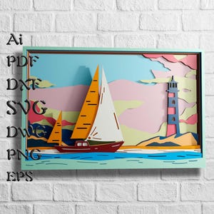 Fichiers Svg multicouche paysage marin pour projets Cricut, mandala océan SVG pour découpe laser, Svg 3D nautique multicouche, art mural 3D bois