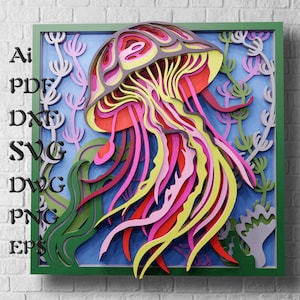 File SVG con mandala di meduse, carta nautica ritagliata per taglio laser o Cricut, stencil a strati 3D, modelli DXF per router CNC, pannello multistrato