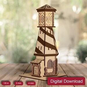 Arquivo de Farol de Madeira Recortado a Laser, Luminária Noturna 3D para Casa, Decoração de Mesa Svg, Decoração de Casa com Tema Náutico, Porta-Velas Svg, Glowforge Svg