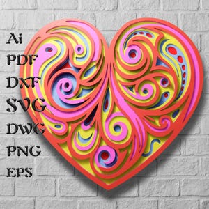 Fichiers SVG multicouche coeur, mandala 3D pour découpe laser, modèles DXF vers routeur CNC, fichiers Cricut, fichiers Svg en couches de papier cartonné