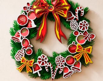 Christmas Wreath Multilayer SVG, 3D Layered X-mas Wall Art for Cricut and Laser Cutting