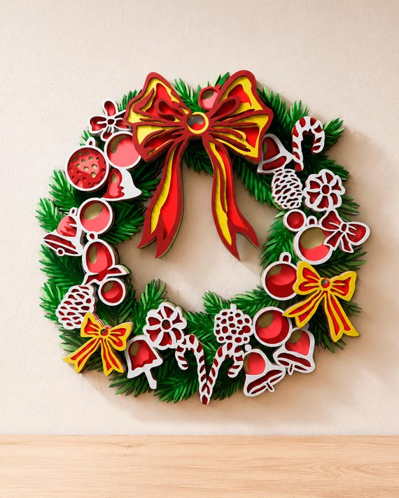 Christmas Wreath Multilayer SVG, 3D Layered X-mas Wall Art for Cricut and Laser Cutting