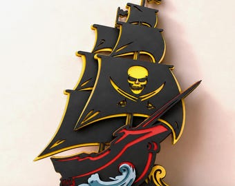 Pirate Ship Multilayer SVG | 3D Layered Nautical Mandala Laser Cut Cricut File | Plywood Art