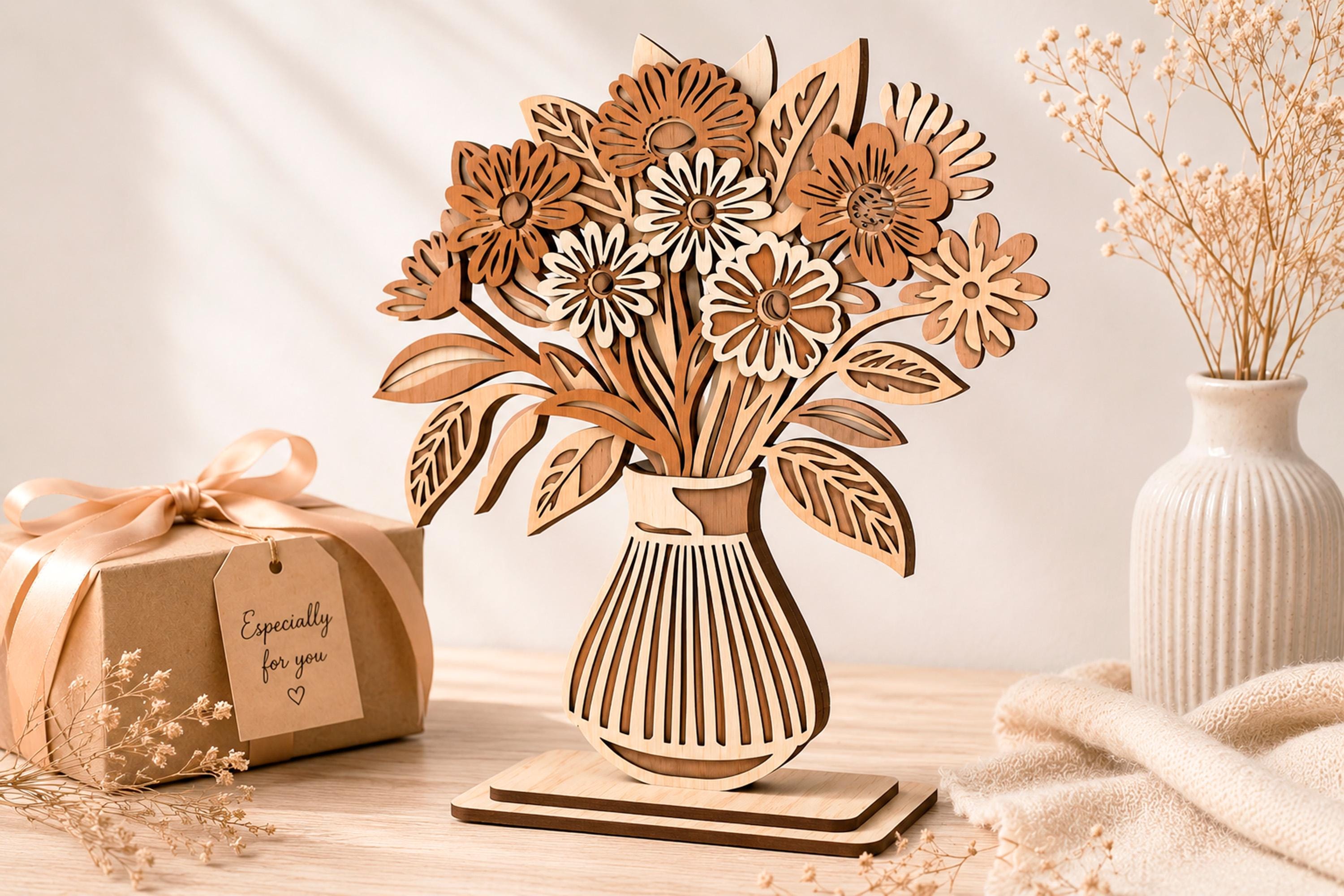 Wooden Flowers Vase Laser Cut File, 3D Multilayer Floral Home 