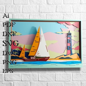 File SVG multistrato con paesaggio marino per progetti Cricut, file SVG con mandala oceanico per taglio laser, file SVG nautico multistrato in 3D, arte murale in legno in 3D