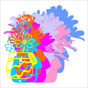 May include: A vibrant, multi-layered graphic illustration of a bouquet of flowers in a glass jar. The design features overlapping silhouettes in bright shades of yellow, orange, pink, blue, and magenta. A small yellow tag labeled LOVE is attached.