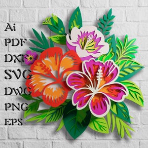 Fichiers SVG mandala hibiscus, fichiers papercraft multicouches fleurs pour découpe laser, fichiers Svg en couches pour laser Cricut ou CNC, papier calque 3D découpé