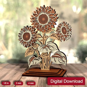 Tournesols fichiers découpés au laser, fleurs 3D décoration de table Svg, SVG multicouche, bouquet de fleurs de naissance en bois, fichier de coupe d'été Glowforge, fichier numérique