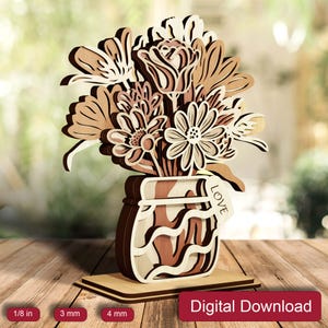 Vase avec fichier de fleurs découpé au laser, fleurs 3D Vase Table Decor Svg, bouquet de fleurs de naissance en bois, cadeau fête des mères printemps coupe téléchargement numérique