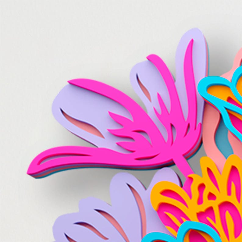 May include: A multi-layered floral wall art piece featuring stacked cutouts in vibrant shades of hot pink, lavender, bright orange, and cyan blue. The design consists of stylized flower shapes with intricate petal details and depth.