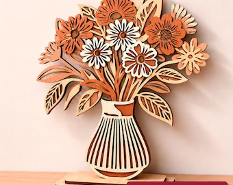 Wooden Flowers Vase Laser Cut File, 3D Multilayer Floral Home Decor SVG (Digital Download)