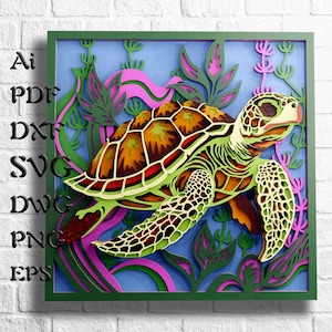 Fichiers SVG multicouche tortue de mer pour découpe laser, Svg en couches 3D pour Svg Shadow Box, fichiers Svg mandala 3D pour Cricut, décoration murale en bois
