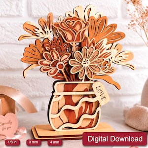 3D Flower Vase Laser Cut File, Multilayer Spring Bouquet SVG, Table Home Decor