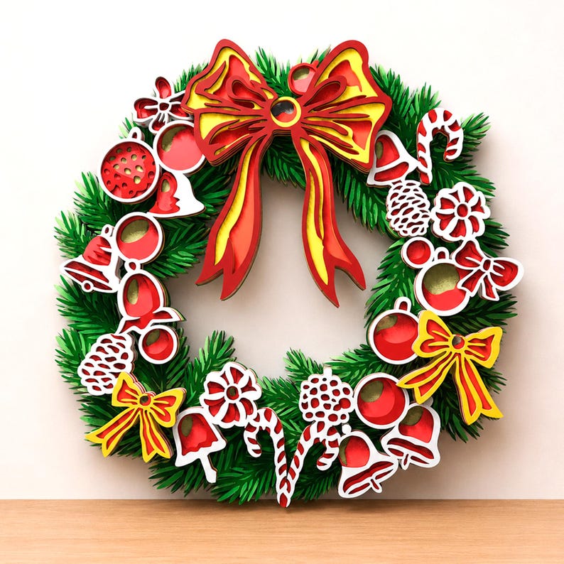 Christmas Wreath Multilayer SVG, 3D Layered Christmas Wall Art for Cricut and Laser Cutting