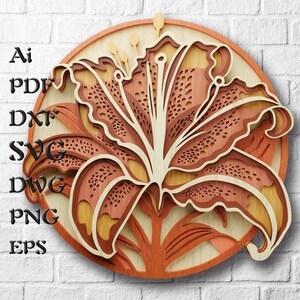 Fichier de lys découpé au laser, fleur multicouche SVG pour Cricut, Glowforge et CNC, mur décoratif en bois 3D, découpe de papier en couches 3D, cadeau en bois