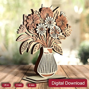 Vase mit Blumen Laser Cut Datei, 3D Blumen Vase Tisch Dekor svg, Hölzern Geburt Blumenstrauß, Muttertagsgeschenk Frühling geschnitten Digitaler Download