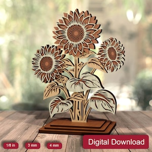 Tournesols fichiers découpés au laser, fleurs 3D décoration de table Svg, SVG multicouche, bouquet de fleurs de naissance en bois, fichier de coupe d'été Glowforge, fichier numérique