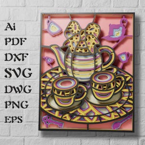 Archivos SVG multicapa de tetera para proyectos de Cricut, archivos SVG de mandala cortados con láser para decoración de pared de madera 3D para el hogar, SVG en capas 3D para corte de papel