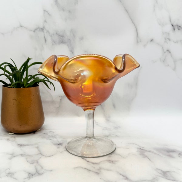Vintge Fenton Glass Iridescent Marigold Orange Pedestal Compote Vase