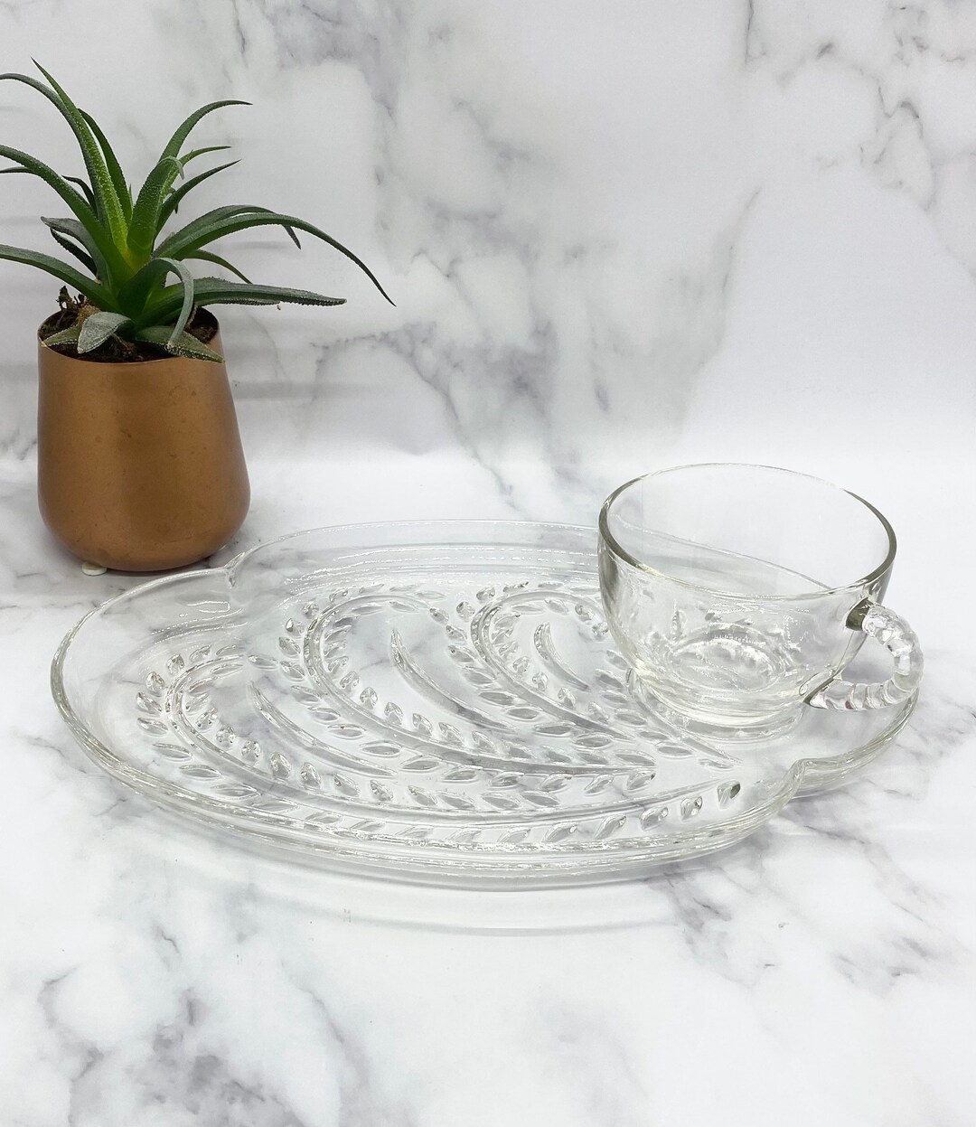 Vintage Glass Snack Tray Set Federal Clear Etched Plate and Etsy