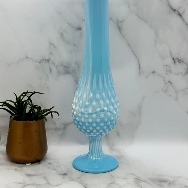 Vintage Fenton Hobnail Blue Slag Milk Glass Swung Vase