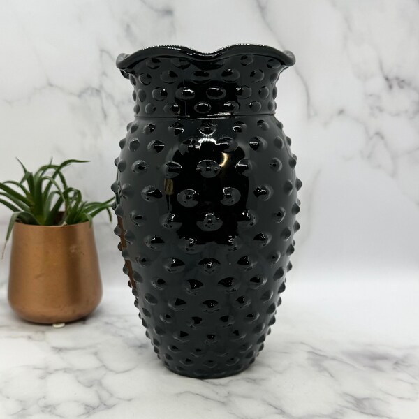 Vintage L.E. Smith Black Amethyst Glass Hobnail Ruffle Vase