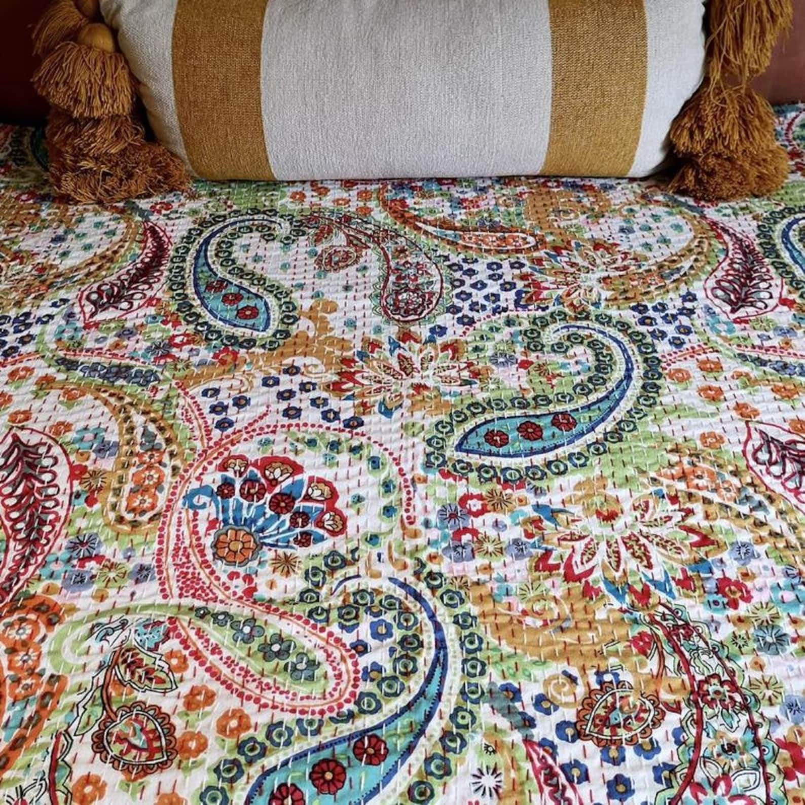 Kantha Quilt Indian Handmade Turquoise Paisley Design Kantha Etsy