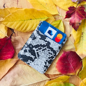 Minimalist Leather Card Holder, US patent pending, Minimalist Leather Wallet, Lambskin Pocket wallet, Gray Python Snake print, RFID Protect