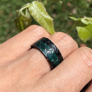 May include: A dark green leather ring with a snakeskin pattern.