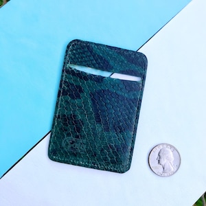 Minimalist Leather Card Holder, US patent pending, Minimalist Leather Wallet, Pocket wallet, Green Python, For Two Cards only, RFID Protect