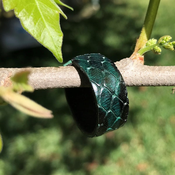 SOLU adjustable leather ring, Pine Green Python Snake Print Embossed Textured