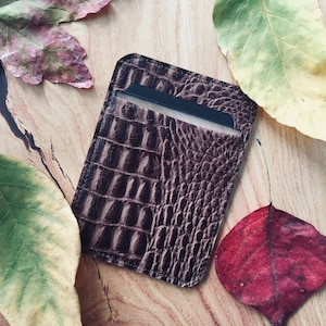 Minimalist Leather Card Holder, US patent pending, Minimalist Leather Wallet, Lambskin Pocket wallet, Brown Crocodile Embossed, RFID Protect