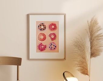 Donuts print, abstract print, wall art decor, food print, kitchen wall art, wall print, colourful print, snack print, pink donuts