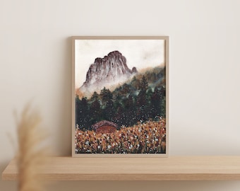 Mountain Landscape Art Print, Minimalist Home Decor Art, Abstract Earth Tones, Dolomites travel, Home decor, Watercolor Mountain Painting