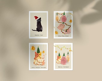 Xmas cats postcards pack of 4, Cute cats cards, handmade Christmas cards, unique Christmas cards, Holiday greeting cards, Happy Catmas