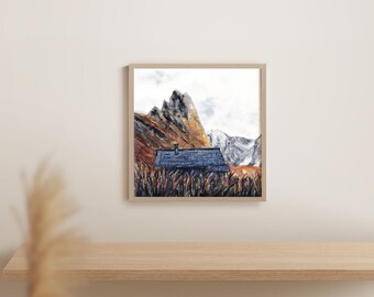 Cabin Mountain Art Print | Hiking Cabin Art | Abstract Earth Tones | Dolomites Travel Decor