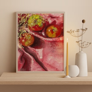 Stampa di mele succose, dipinto di natura morta con cibo, stampa artistica giocosa, arredamento minimalista per la casa, arte rosa magenta shocking