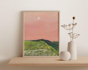 Pink Sky Watercolor Art Print: Abstract Landscape, Minimalist Wall Decor