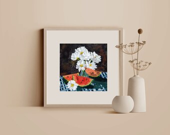 Juicy watermelon daisies art print | Floral fruit painting | Impressionist wall decor