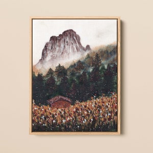 Impressão em tela emoldurada de cabana na montanha: arte de parede inspirada nas Dolomitas