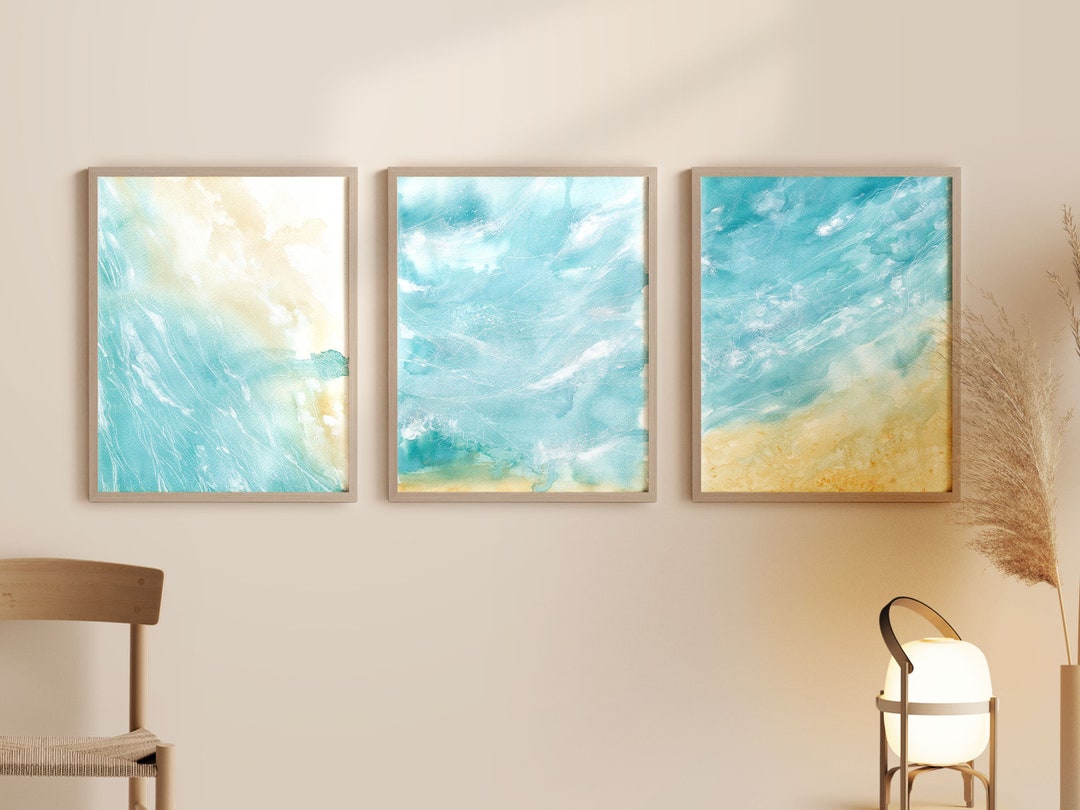 Abstract Ocean Beach Watercolor Wall Art, Contemporary Modern Wall