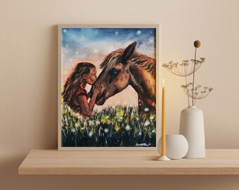 Love and Humanity print, Horse and girl art print, Contemporary wall art, Modern home decor