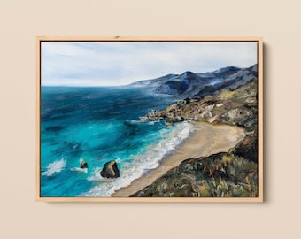 Framed California Coastline Canvas Print: Abstract Beach Scene Wall Art