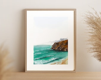 Misty Ocean Art Print, Contemporary Modern Wall Art, Misty Ocean Cliff Print, Nature Artwork, Aesthetic Wall Decor, Minimalist Chic, Teal