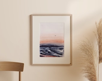 Sunset Pink Sky Ocean wall Art Print Minimalist art for Living Room Scenic Beach Sunset Home office wall decor