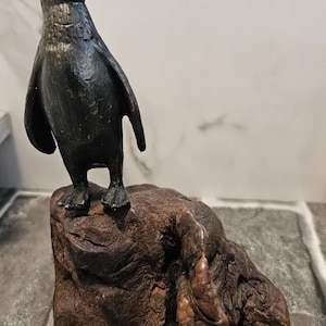 Vintage Bronze Penguin Sculpture on Burled Walnut Root Base by Careaga