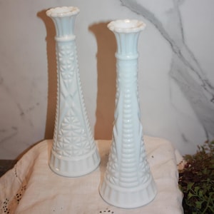 SET of TWO White Milk Glass Rose Bud Vases in Stars and Bars Pattern