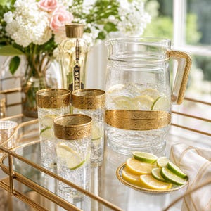 May include: A clear glass pitcher and three matching tall glasses, each featuring a wide band of intricate gold filigree. The pitcher and glasses contain a sparkling liquid with sliced lime wheels. A small plate holds additional lemon slices.