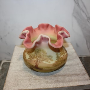 A MUST SEE! One of a Kind Handpainted Yellow Burmese Fenton Vase with PINK Ruffled Top