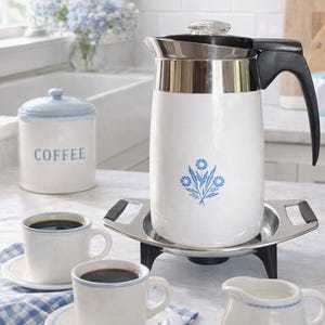 RARE Corning Blue Cornflower 10 Cup Stove Top Coffee Percolator with a Silver Tone Coffee Pot Warmer with Bakelite Trim